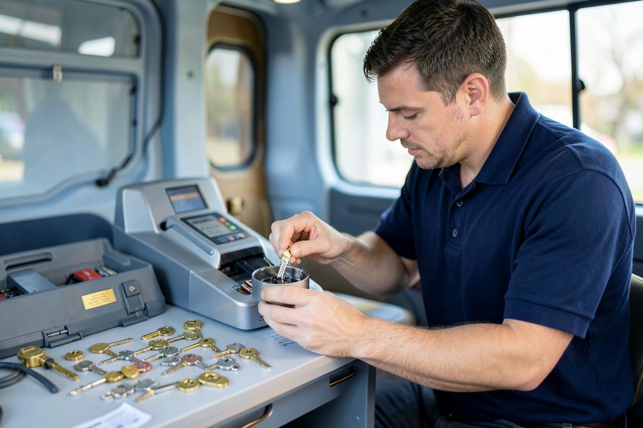 Matthews Locksmith technician copying a commercial building key in Matthews, NC