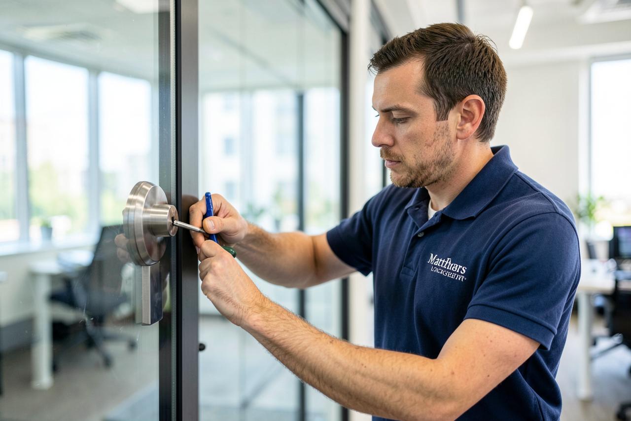 Matthews Locksmith technician changing a commercial office door lock in Matthews, NC