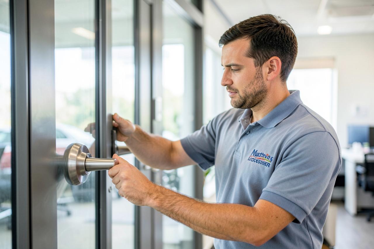 Matthews Locksmith technician re-keying a commercial office door lock in Matthews, NC