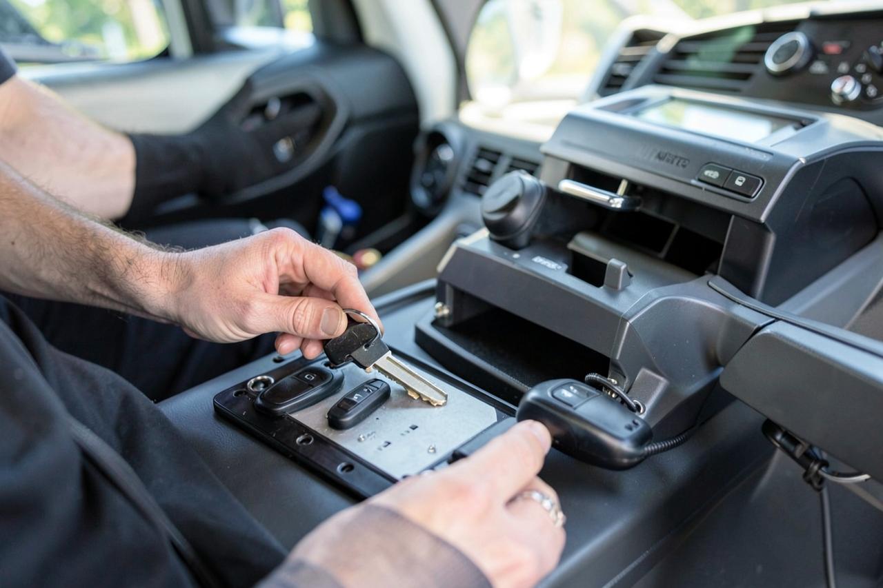 Matthews Locksmith technician copying a car key in Matthews, NC
