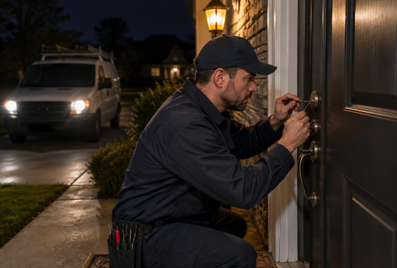 Matthews Locksmith emergency technician opening a locked front door at night in Matthews, NC
