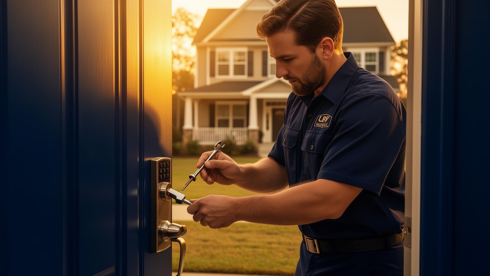 Matthews Locksmith technician installing a residential lock in Matthews, NC