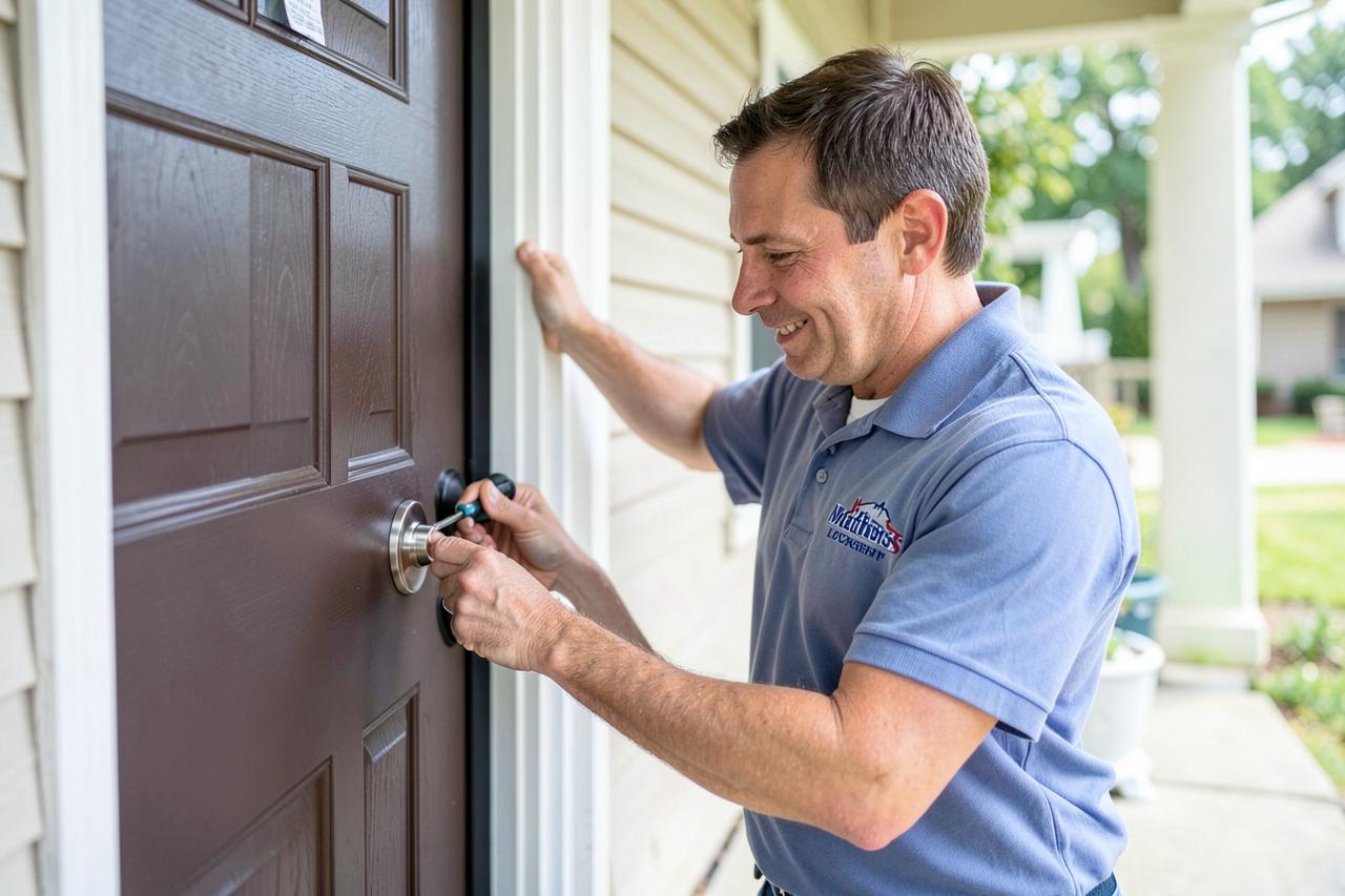 Matthews Locksmith technician installing a new house lock on a residential front door in Matthews, NC