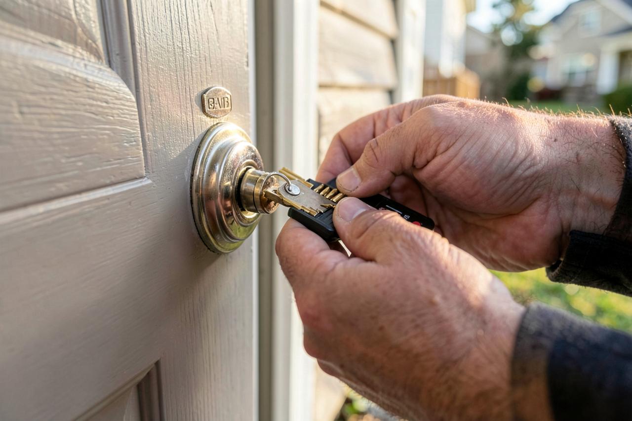 Matthews Locksmith technician re-keying a house door lock in Matthews, NC
